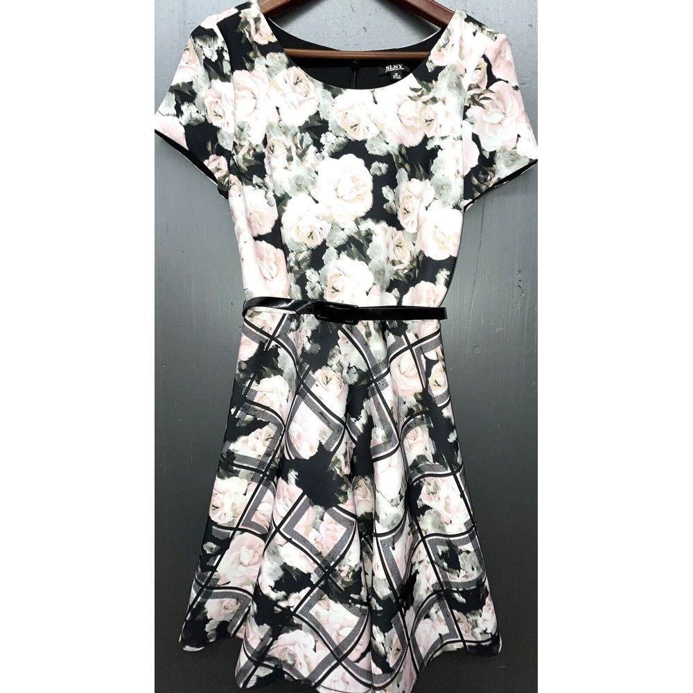 SLNY Dress Size 10‎ Black Pink Floral Short Sleeve Belted Knee Length Party